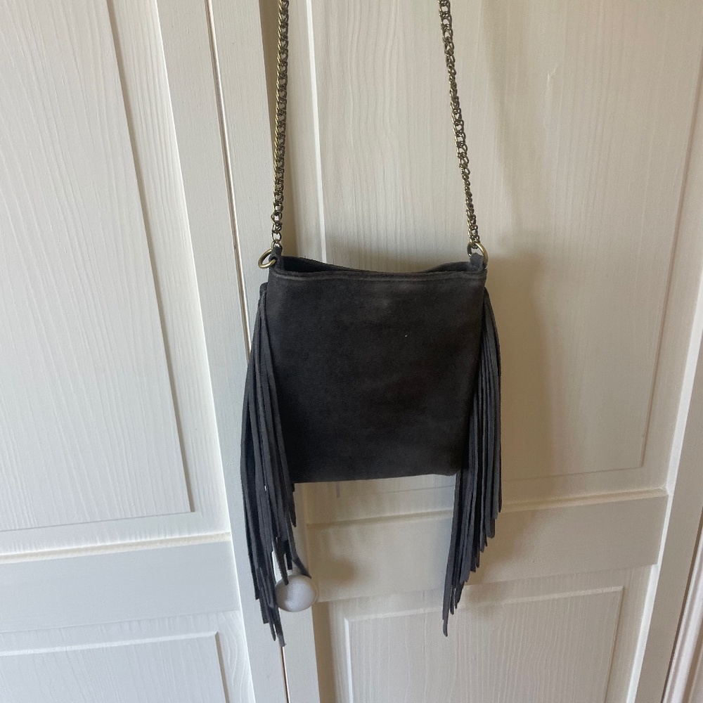 Free People Small Grey Crossbody Suede Fringe Bag